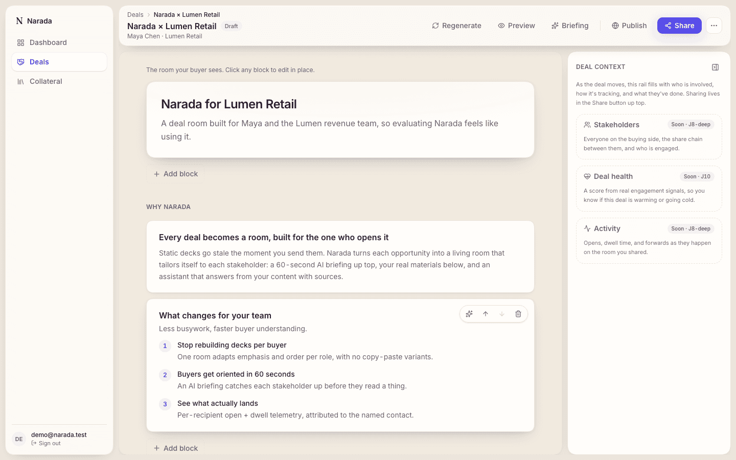 The Narada seller cockpit: the room canvas with a deal-context rail showing stakeholders, deal health, and recent buyer activity.