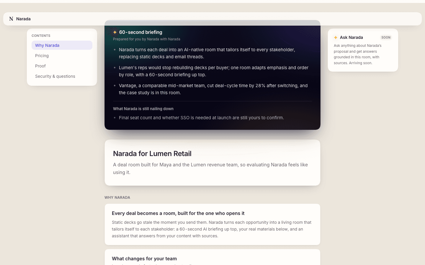 A live Narada deal room: a 60-second briefing tinted to the seller's brand, an in-room AI assistant, and role-aware sections.